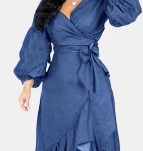 PUFF SLEEVES V-NECK WITH BELT RUFFLED DENIM DRESS