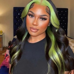 SKUNK STRIPE STYLE GREEN FRONT/BLACK BACK BODY WAVE 13X4 LACE FRONTAL WIG