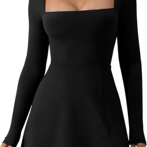 QINSEN WOMENS SQUARE NECK BODICE DRESS LONG SLEEVE SIDE SLIT FLARE MINI DRESSES
